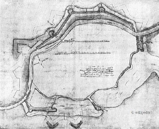 Zeichnung des niederl�ndischen Festungsbaumeisters Johan van Rijswijk von der L�becker Festungsanlage um 1604    -    F�r eine gr��ere Darstellung auf das Bild klicken.