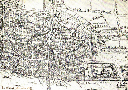 London im Jahre 1574 - im Vordergrund der Stalhof - Stiliards - Grundriss von Braun U. Hogenberg  -  Fr eine gre Darstellung klicken Sie bitte auf das Bild.